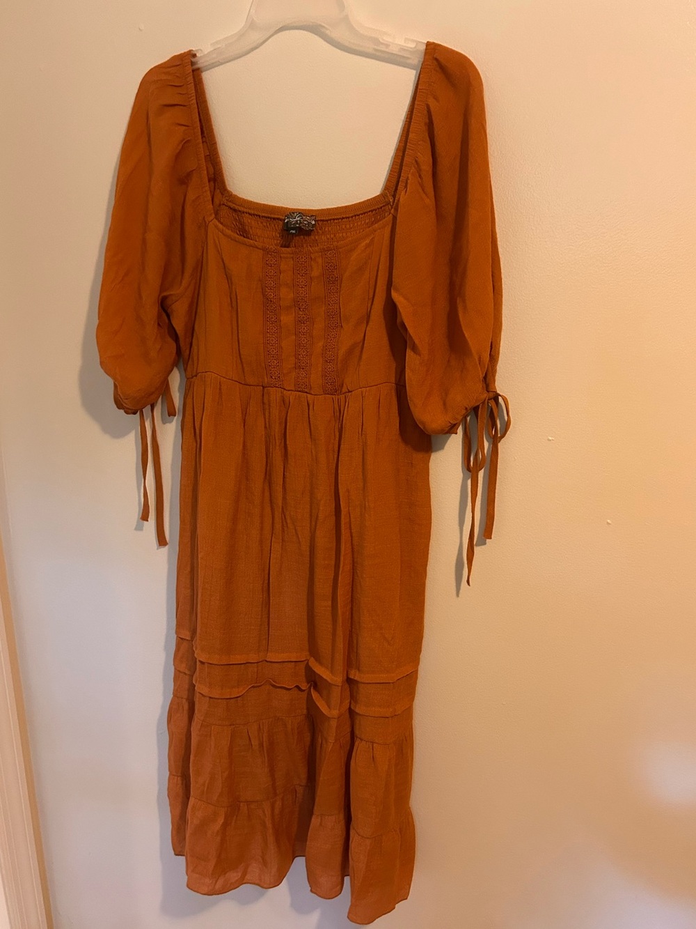 J Gee Terracotta Boho Tiered Ruffle Dress Boho Puff Sleeve Smocked Back Size PXL